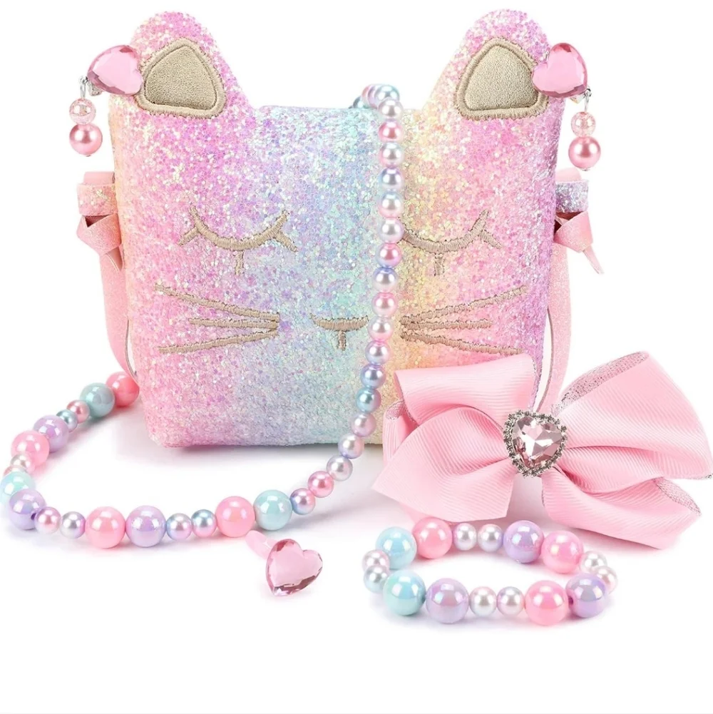 Glittery Cat Face Kids Accessory Set - Pink and Pastel